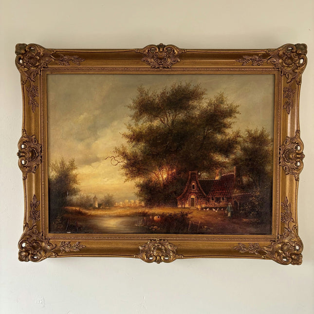 Authentic Oil Painting Landscape "Cottage By River" Striking Large Art - HollandArtShop