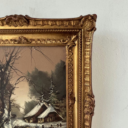 Authentic Oil Painting Landscape "Snowy Cabin" Vintage Small Art - HollandArtShop