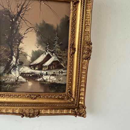 Authentic Oil Painting Landscape "Snowy Cabin" Vintage Small Art - HollandArtShop
