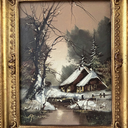 Authentic Oil Painting Landscape "Snowy Cabin" Vintage Small Art - HollandArtShop