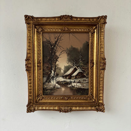 Authentic Oil Painting Landscape "Snowy Cabin" Vintage Small Art - HollandArtShop