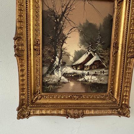 Authentic Oil Painting Landscape "Snowy Cabin" Vintage Small Art - HollandArtShop