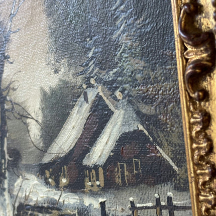 Authentic Oil Painting Landscape "Snowy Cabin" Vintage Small Art - HollandArtShop