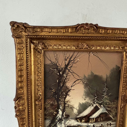 Authentic Oil Painting Landscape "Snowy Cabin" Vintage Small Art - HollandArtShop