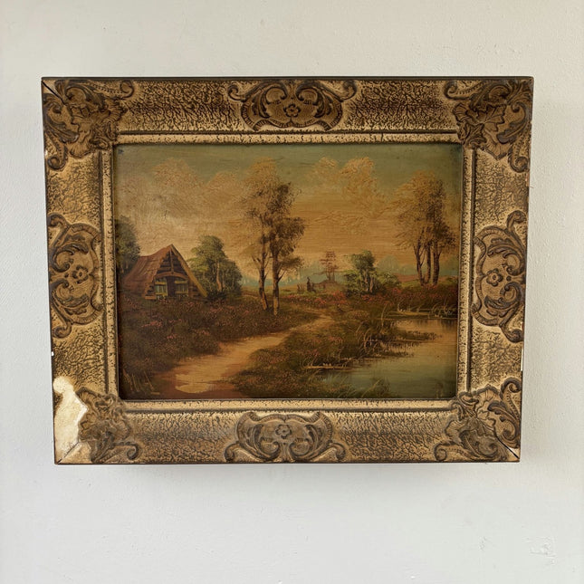 Authentic Oil Painting Landscape "Thatched Cottage" Vintage Medium Art - HollandArtShop