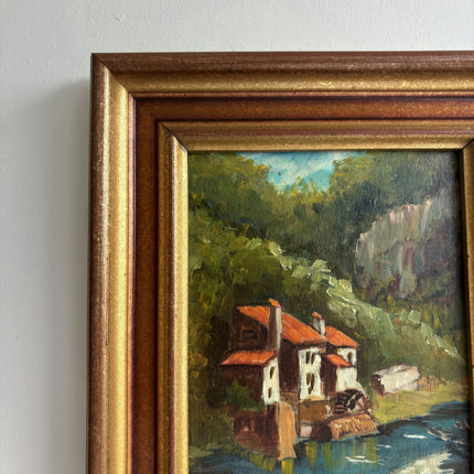 Classic Landscape Oil Painting "Riverside Houses" Vintage Small Artwork Holland Art Shop