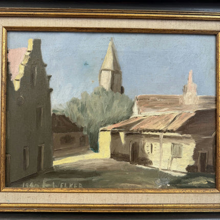 1940 Cityscape Oil Painting "Village Street" Artwork Holland Art Shop