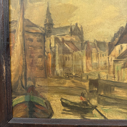 Vintage Cityscape Oil Painting "Canal Boat" Original Artwork Holland Art Shop
