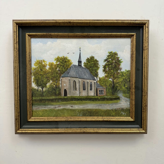 Vintage Cityscape Oil Painting "Village Church" Elegant Small Artwork Holland Art Shop