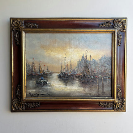 Rustic Harbor Scene Oil Painting "Gilded Frame" Elegant Artwork Holland Art Shop