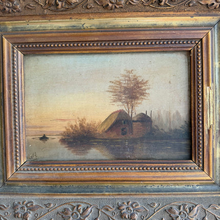 Antique Landscape Oil Painting "Ornate Frame" Rustic Small Artwork Holland Art Shop