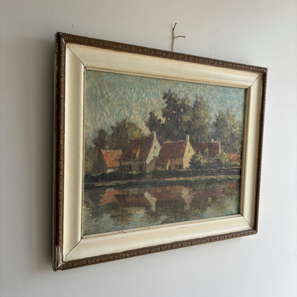 Rustic Landscape Oil Painting "River Houses" Handcrafted Art Holland Art Shop