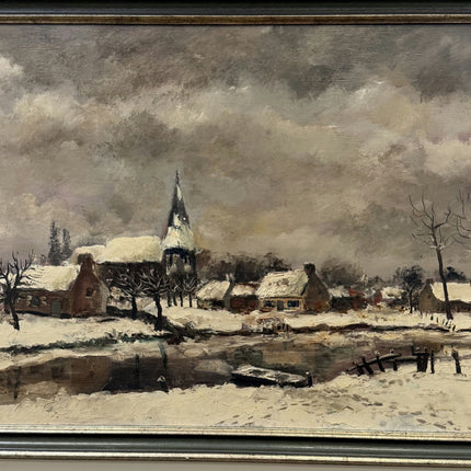 Vintage Winter Landscape Oil Painting "Snowy Village" Refined Belgian Artwork Holland Art Shop