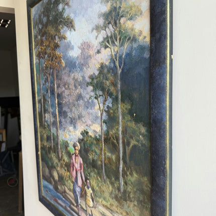 Vintage Figurative Oil Painting "Mother Walking" Rustic Large Artwork Holland Art Shop
