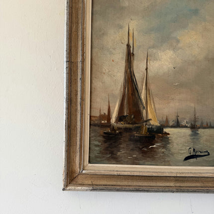 Remarkable Oil Painting Seascape "Sailing Vessels" Striking Small Artwork Holland Art Shop