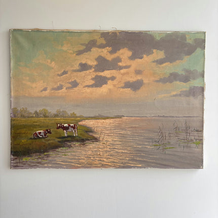 Elegant Landscape Oil Painting "Grazing Cow" Vintage Large Art Holland Art Shop