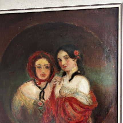 19th Century Antique Figurative Oil Painting "Two Women" Belgique Artwork Holland Art Shop