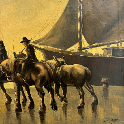 19th Century Antique Harbor Scene Oil Painting "Draft Horses" Large Artwork Holland Art Shop