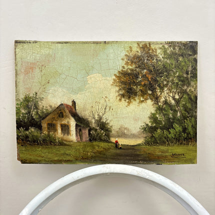 19th Century Antique Landscape Oil Painting "Country Cottage" Small Artwork Holland Art Shop