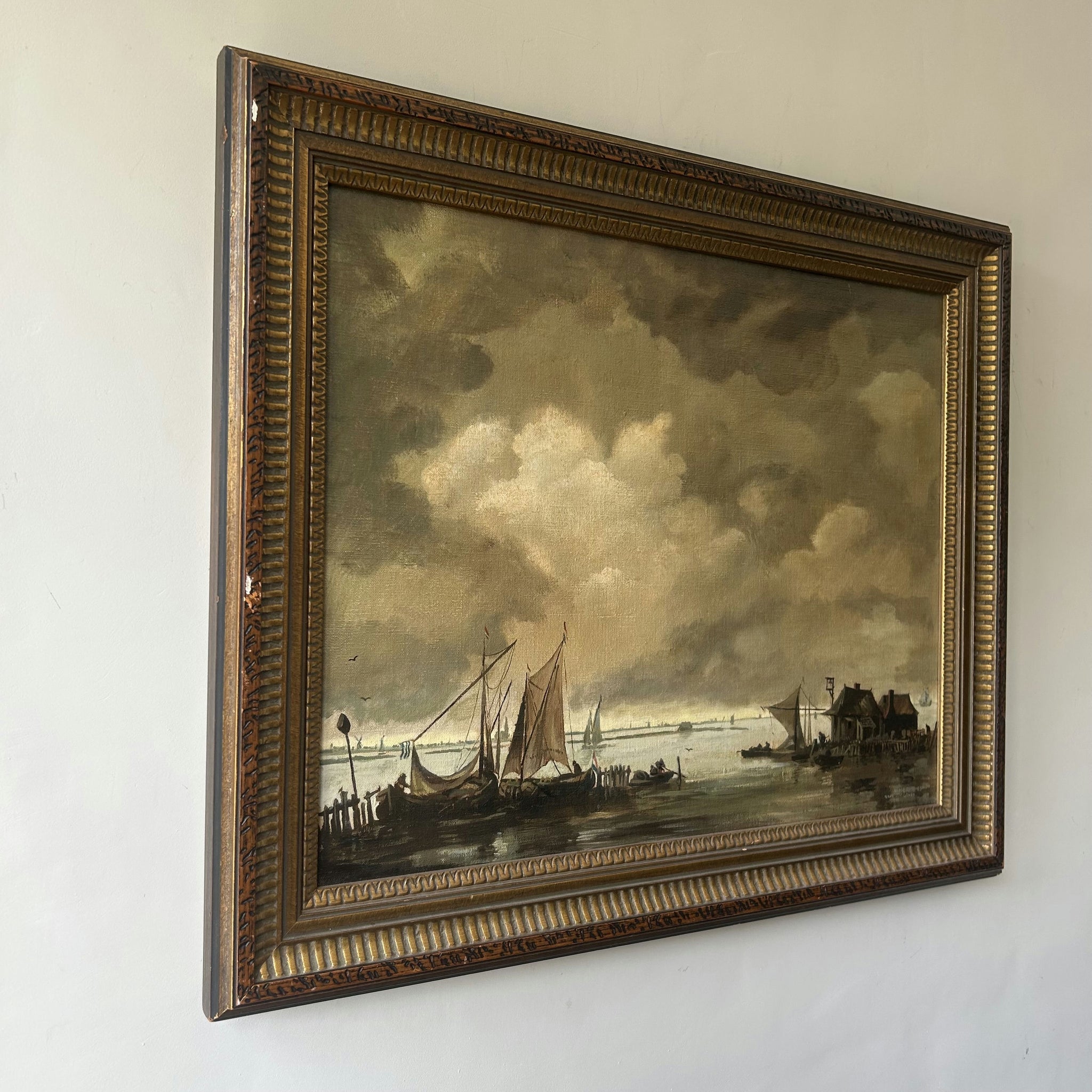 Detailed Harbor Scene Oil Painting 