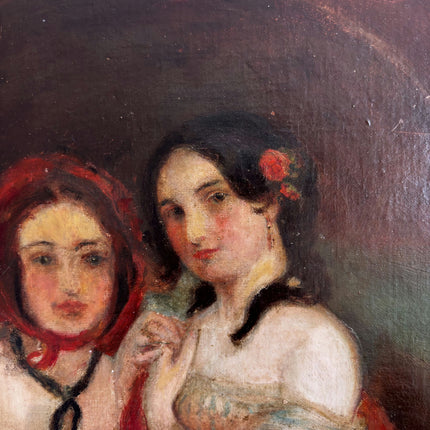 19th Century Antique Figurative Oil Painting "Two Women" Belgique Artwork Holland Art Shop