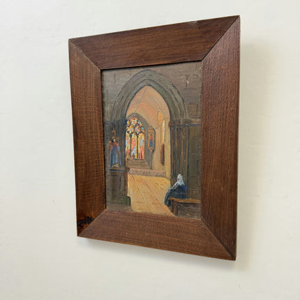 Rustic Church Interior Oil Painting "Seated Nun" Handcrafted Small Art Holland Art Shop