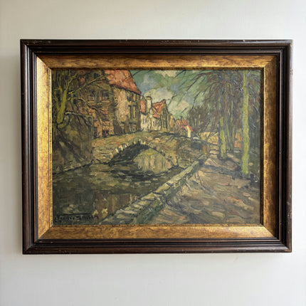 1910 Antique Cityscape Oil Painting "Stone Bridge" Large Artwork Holland Art Shop
