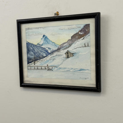 Original Winter Landscape Aquarel "Snowy Cabin" Detailed Small Art Holland Art Shop