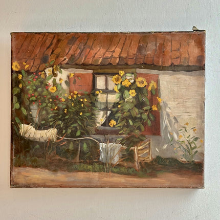 Expressive Landscape Oil Painting "Flowered Window" Vintage Small Art Holland Art Shop