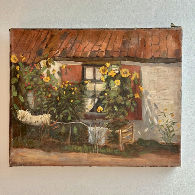 Expressive Landscape Oil Painting "Flowered Window" Vintage Small Art Holland Art Shop