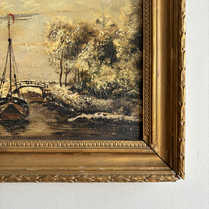Vintage Harbor Scene Oil Painting "Gold Frame" Rustic Small Art Holland Art Shop