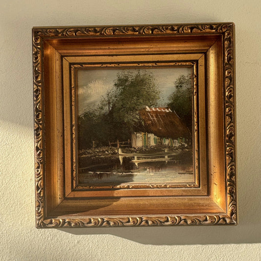 Intriguing Cityscape Oil Painting "Thatched Cottage" Figurative Small Artwork