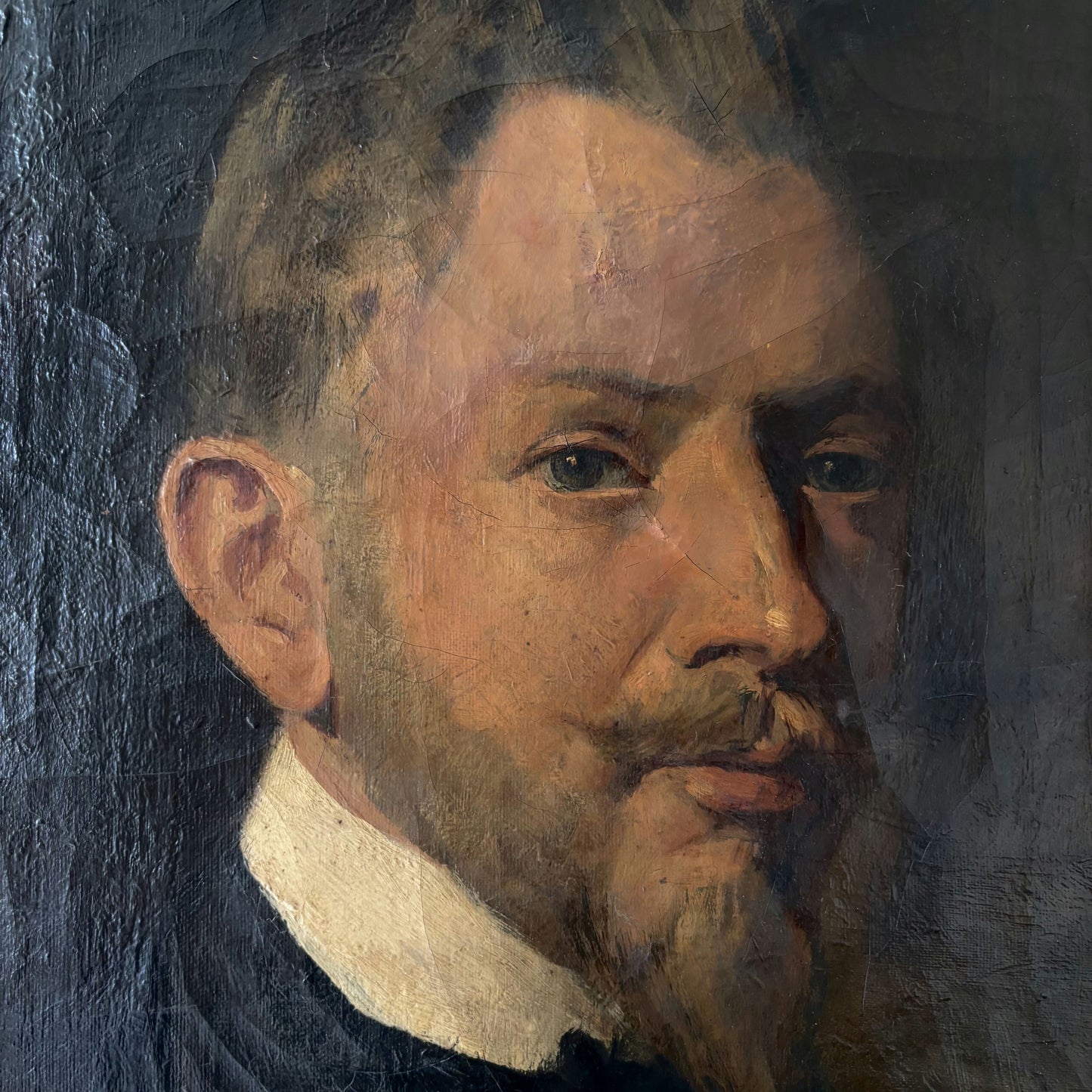 19th Century Gentleman Black Suit Beard Collar Antique Oil Painting Authentic