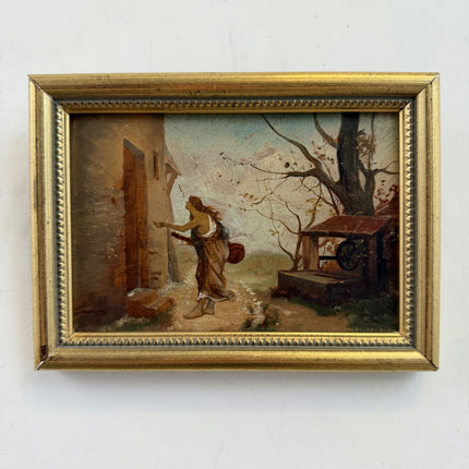 19th Century Antique Scenery Oil Painting "Begging Woman" Small Artwork Holland Art Shop
