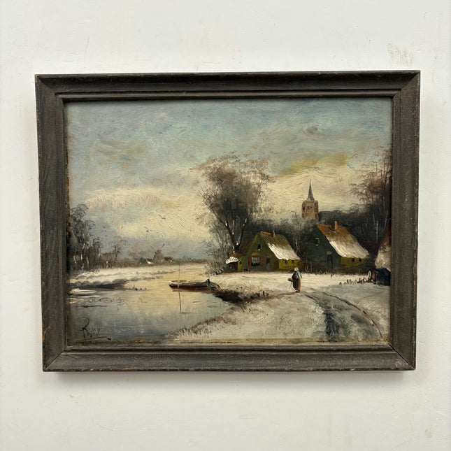 Vintage Winter Landscape Oil Painting "Snowy Village" Handcrafted Artwork Holland Art Shop