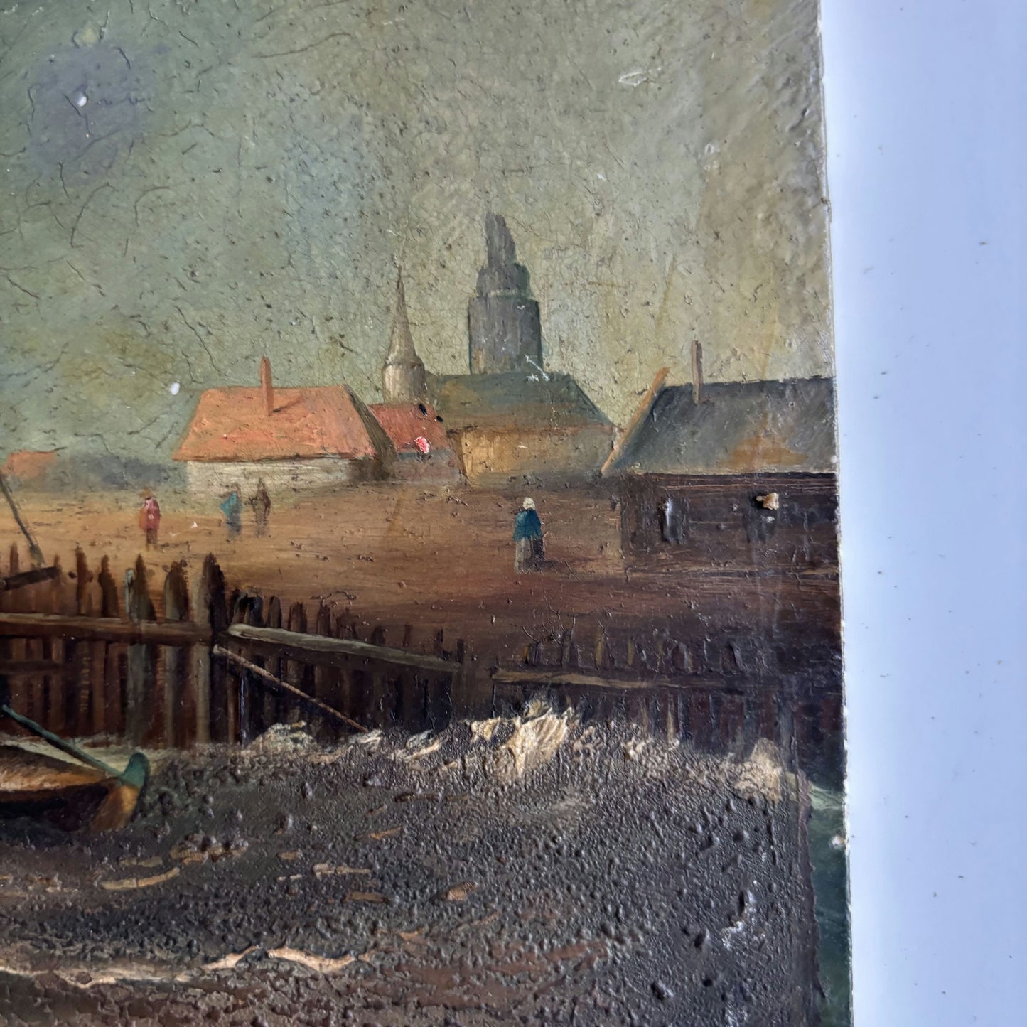 19th Century Oil on Tile Tranquil Harbor Boat And Village Antique