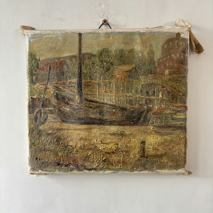 Dutch Hague School Antique Harbor Scene Oil Painting "Wooden Boat" Handcrafted Small Art Holland Art Shop