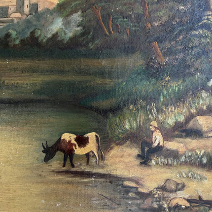 1916 Antique Landscape Oil Painting "Grazing Cow" Art Holland Art Shop