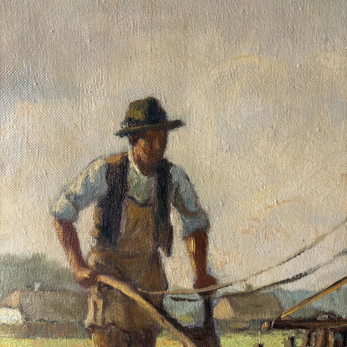 Antique Animals Oil Painting "Plowing Horses" Remarkable Large Artwork