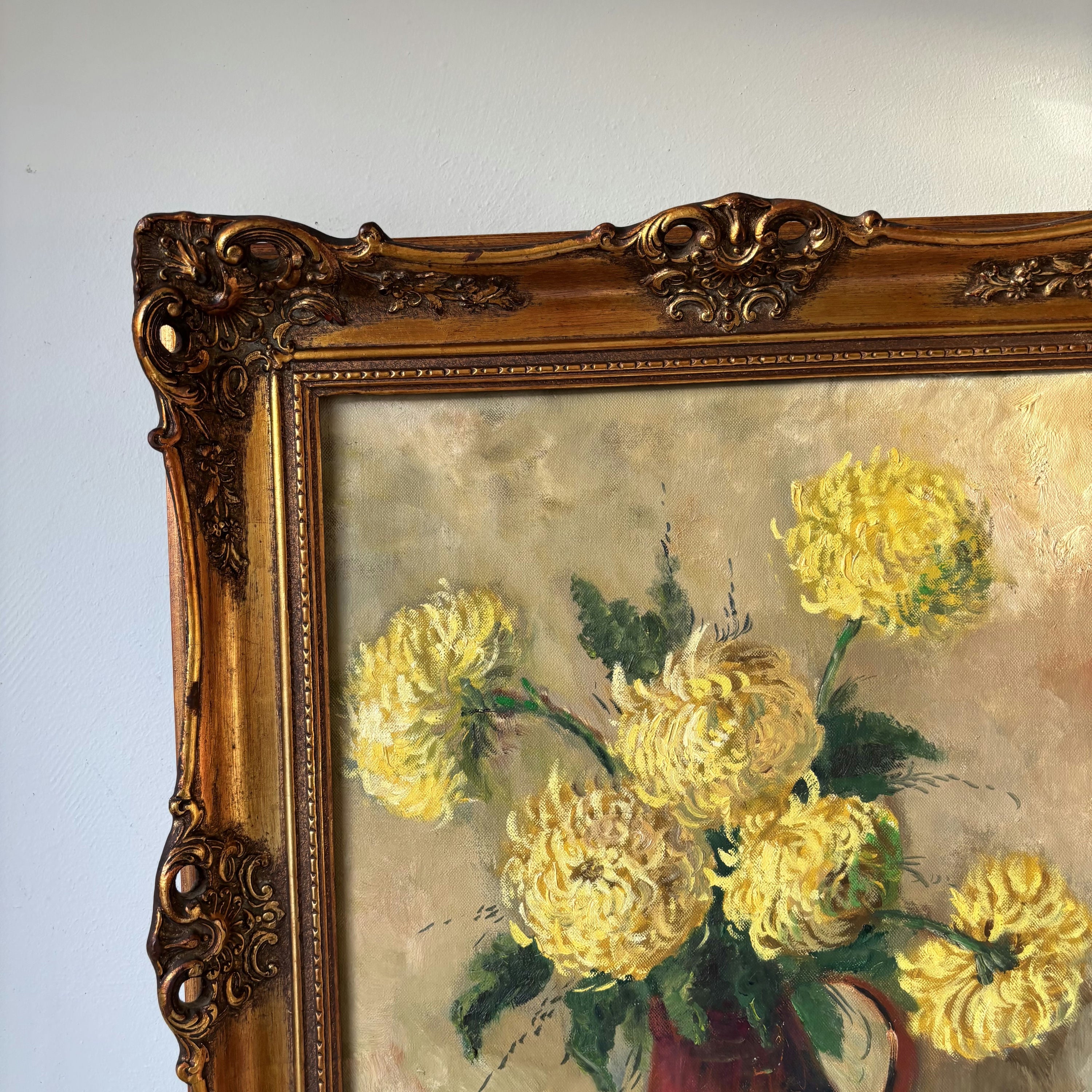 19th Century Elegant Yellow Chrysanthemums Red Pitcher Oil Painting Antique