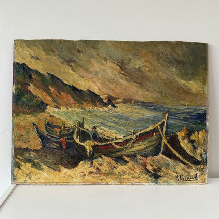 Traditional Harbor Scene Oil Painting "Beached Boats" Rustic Artwork Holland Art Shop