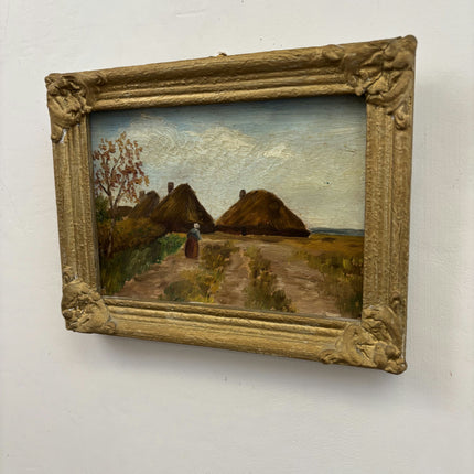 Vintage Landscape Oil Painting "Thatched Cottages" Elegant Small Artwork Holland Art Shop