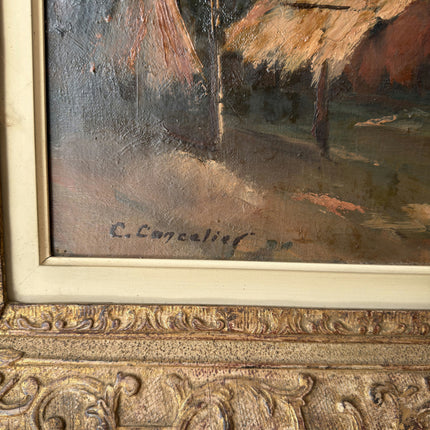 Handcrafted Oil Painting Landscape "Red Roofs Scene" Authentic Belgique Art Holland Art Shop