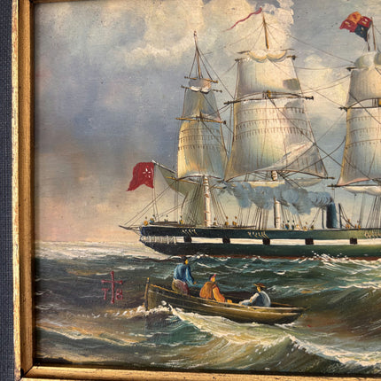 19th Century Antique Seascape Oil Painting "Green Ship" Small Art Holland Art Shop