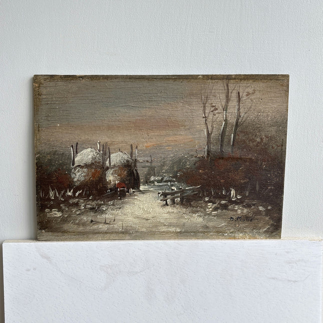 19th Century Antique Winter Landscape Oil Painting "Hay Carts" Small Artwork Holland Art Shop