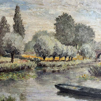 Detailed Landscape Oil Painting "River Boat" Vintage Art Holland Art Shop