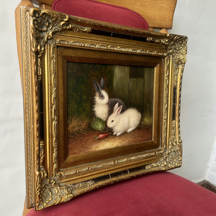 Refined Animals Oil Painting "White Rabbit" Vintage Small Artwork Holland Art Shop