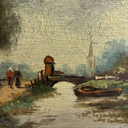 19th Century Antique Landscape Oil Painting "Rowboat Bay" Small Artwork Holland Art Shop