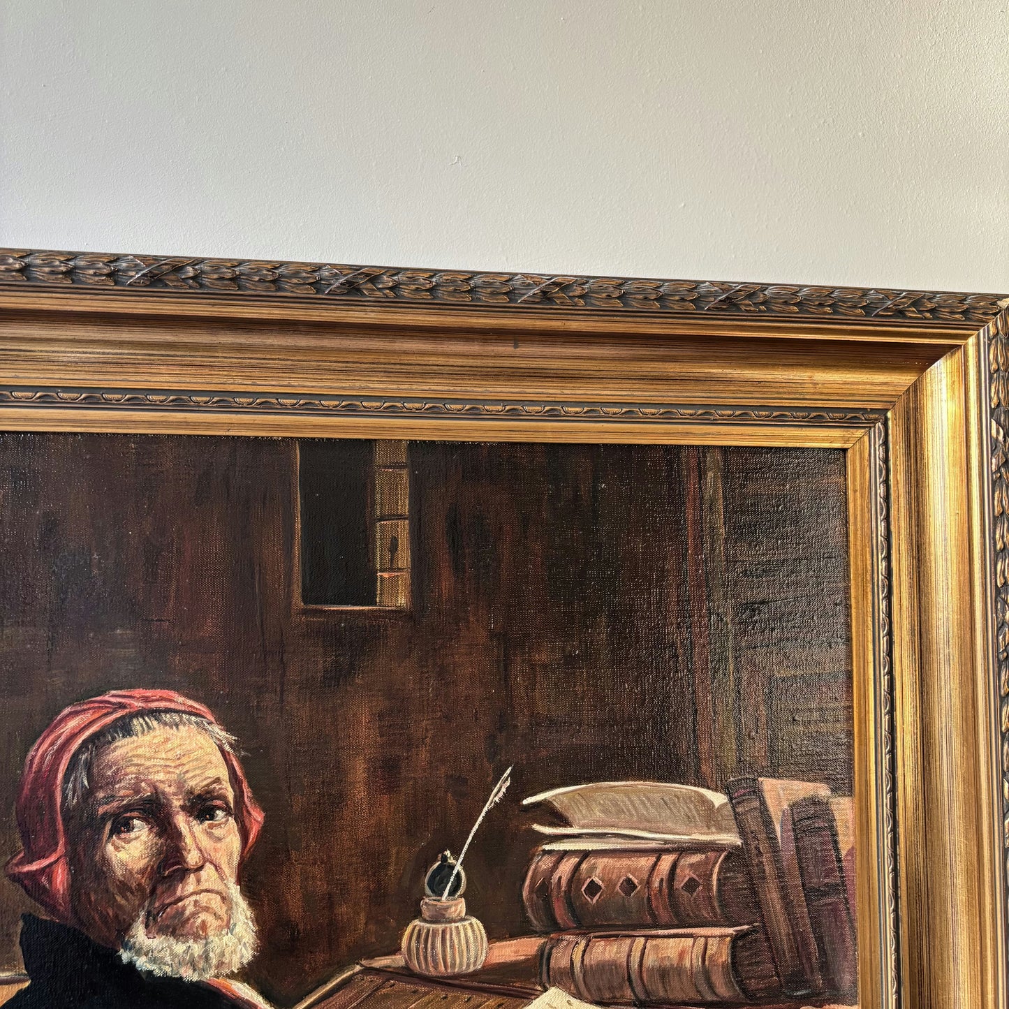 Thoughtful Elderly Scholar Oil Painting Library Books Antique sold without frame