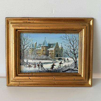 Striking Oil Painting Winter Landscape "Winter Playtime" Authentic Small Art